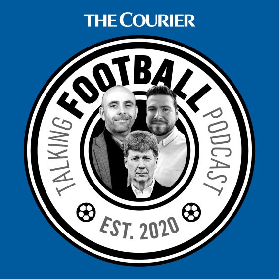 Artwork for The Courier's Talking Football podcast. Features football teams from across Tayside and Fife including St Johnstone and Montrose.