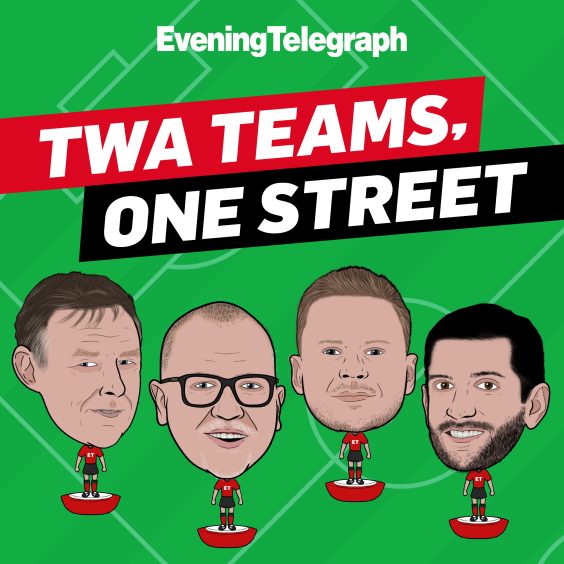 The artwork for the Twa Teams, One Street podcast that talks about Dundee and Dundee United football teams 
