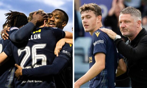 Dundee have the most loan players in the Premiership - pictured are Malachi Boateng, Michael Mellon and Zach Robinson (left) alongside Owen Beck and manager Tony Docherty.