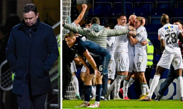 Derek Adams (left) has been unable to turn Ross County's form around since his infamous blast following their last-gasp loss to Dundee in December (right).