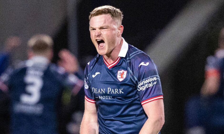 James Brown roars with delight as he celebrates Raith Rovers' win over Dundee United.