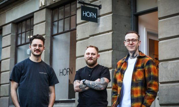 Mark Edwards (left) and Graham Cameron (right) have opened Höfn coffee shop in Dundee, pictured alongside manager Calum Whyte.