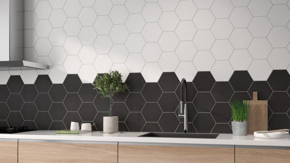 Black and white, honeycomb tiled kitchen splashback