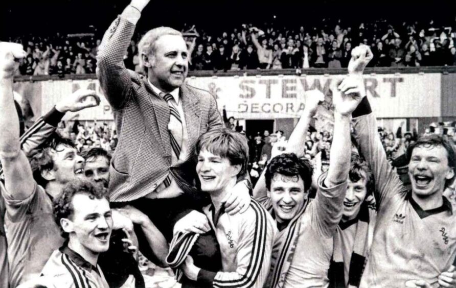 Iconic Dundee United manager Jim McLean celebrates their 1983 Premier Division title