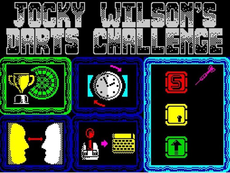 The opening screen of the ZX Spectrum game, showing Jocky Wilson's Darts Challenge, a trophy, dartboard, clock, console and joystick