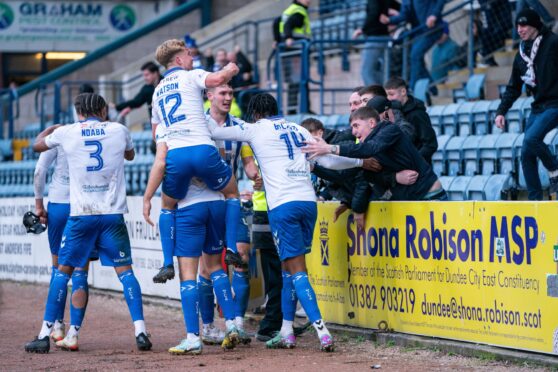 Kilmarnock celebrate after grabbing a point at Dundee. Image: Shutterstock