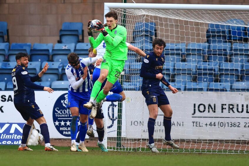 Jon McCracken takes a cross to relieve pressure against Kilmarnock. Image: Shutterstock/David Young