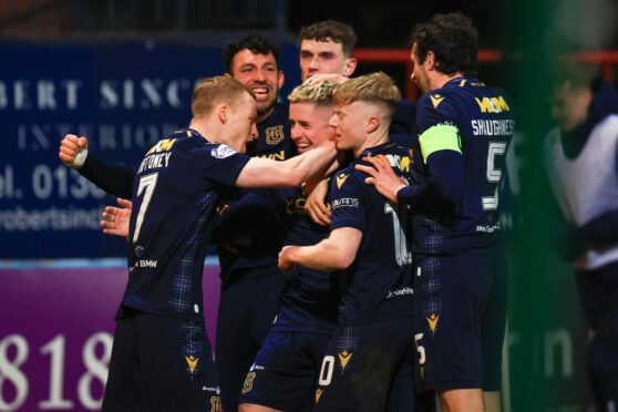 Dundee celebrate as they see off Aberdeen. Image: Shutterstock/David Young