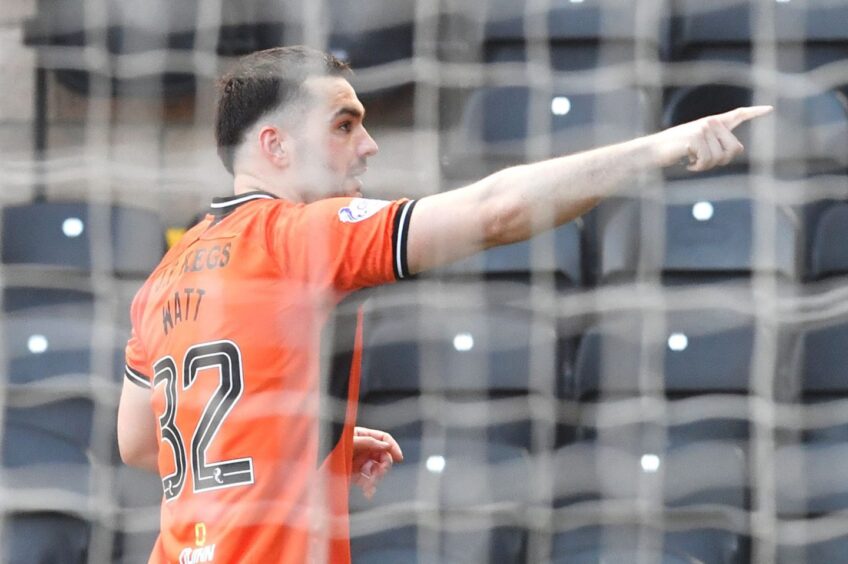 Tony Watt celebrates his opener for Dundee United against Raith Rovers 