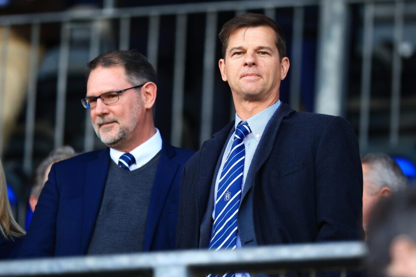 Dundee owners Tim Keyes and John Nelms at McDiarmid Park on Saturday. Image: Shutterstock/David Young