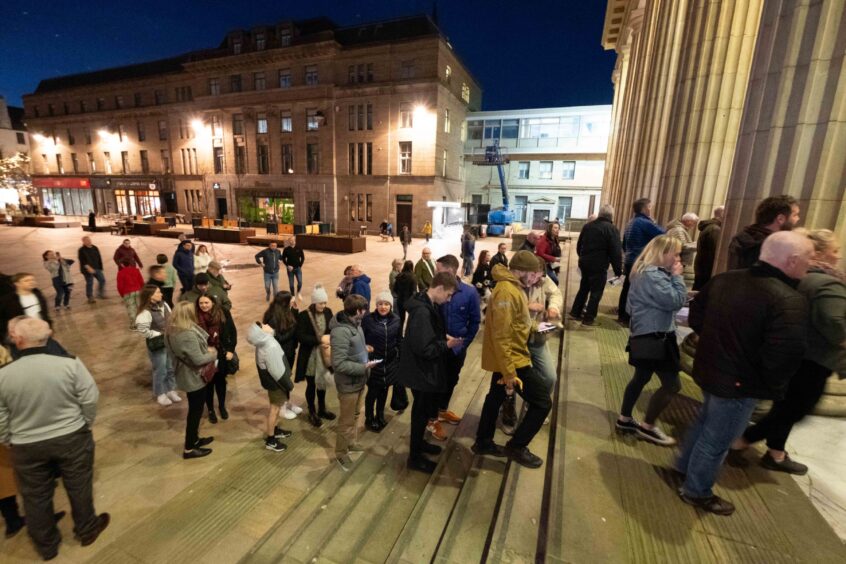 Crowds gather outside the Caird Hall for the Horizons tour show