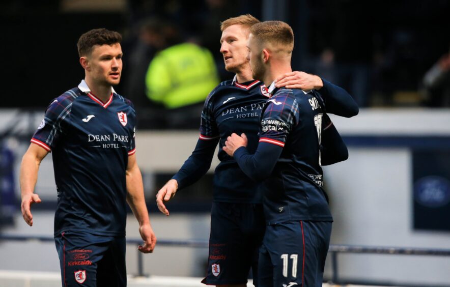 Ross Matthews, Liam Dick and Callum Smith celebrate at the end of Raith Rovers' 2-0 victory over Dunfermline Athletic F.C.