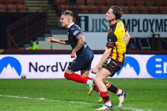 Euan Murray runs away after scoring for Raith Rovers. Image: Ross MacDonald / SNS Group.
