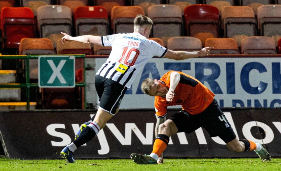 Matty Todd fires Dunfermline into the lead against Dundee United.