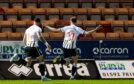 Alex Jakubiak and Matty Todd celebrate Dunfermline's opening goal. Image: SNS.