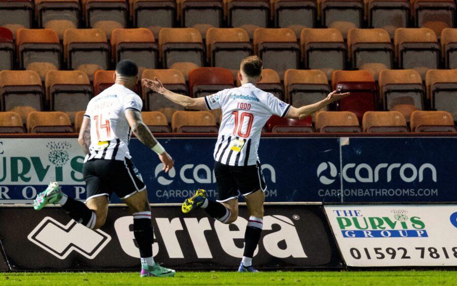 Alex Jakubiak and Matty Todd celebrate Dunfermline's opening goal against Dundee United.