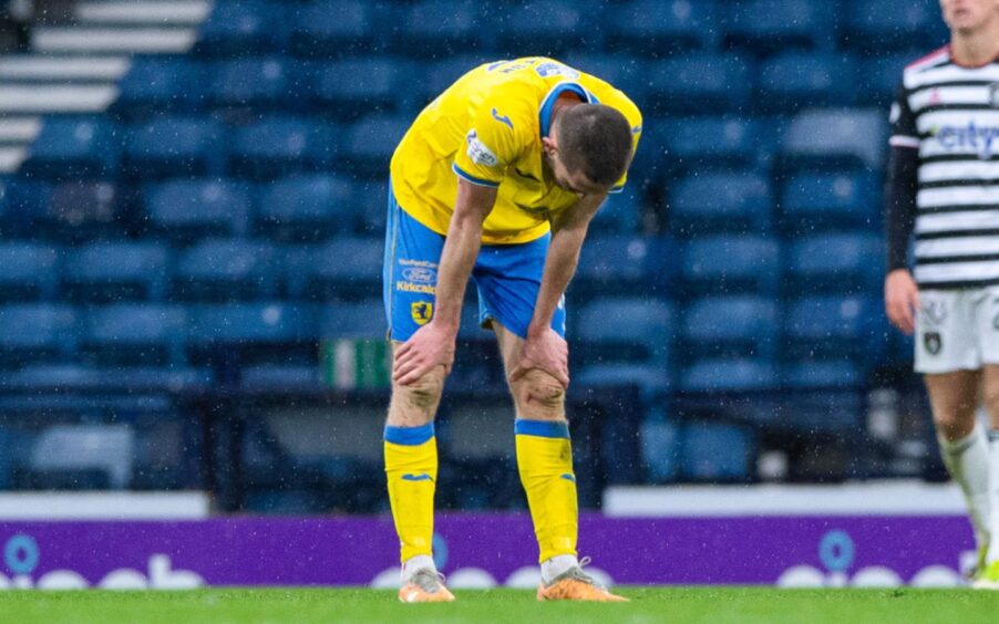 Sam Stanton slumps over with his hands on his knees after Raith Rovers' failure to beat Queen's Park.