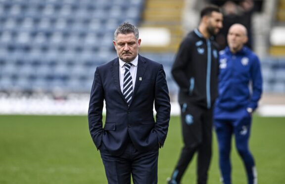 Dundee boss Tony Docherty leaves the Dens Park pitch after the Rangers game was postponed. Image: SNS