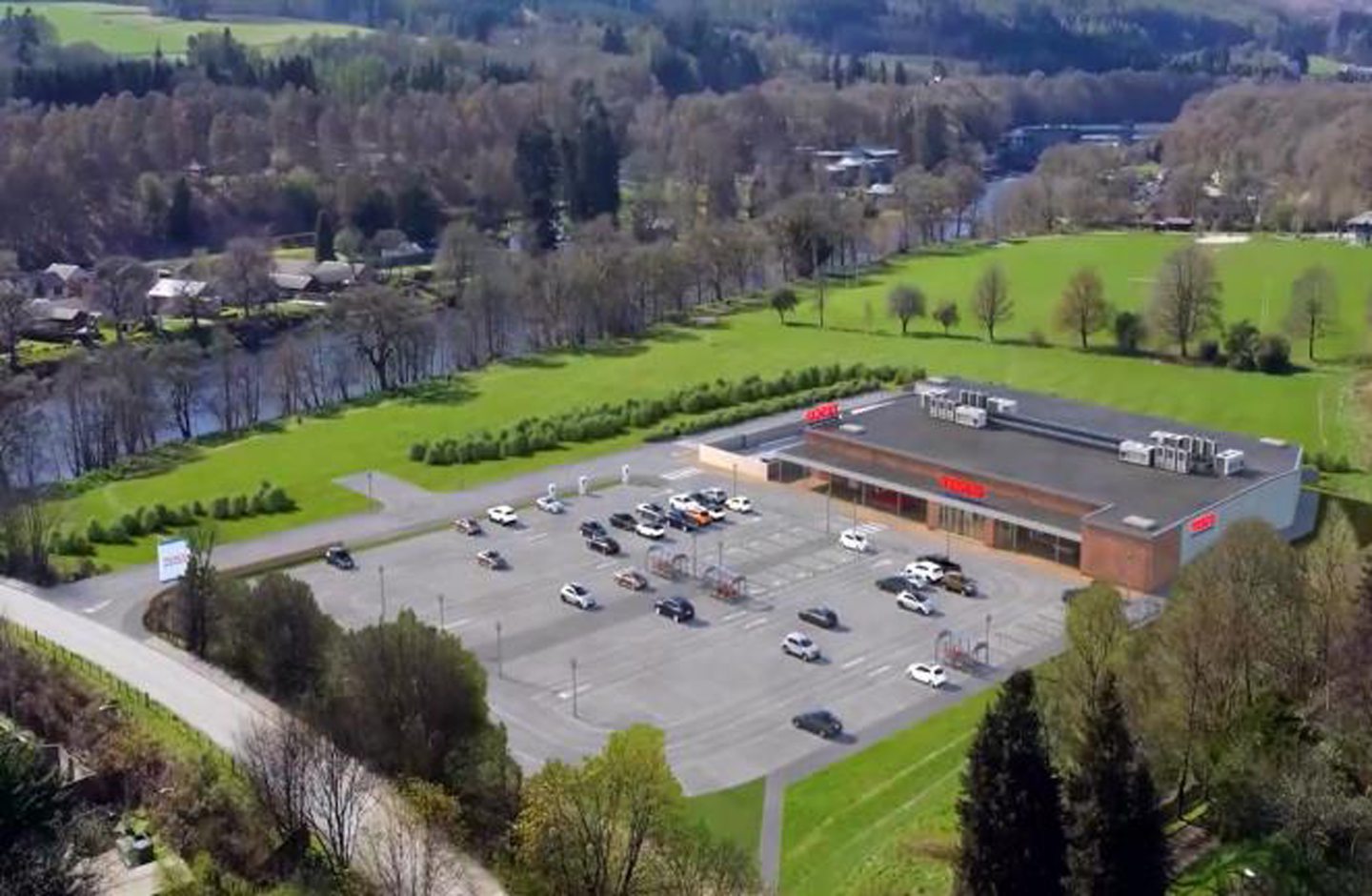 An aerial CGI of the planned Tesco in Pitlochry