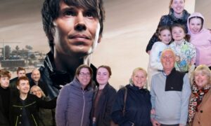 A composite image showing a headshot of professor Brian Cox and some of those who attended his Horizons tour show in Dundee.