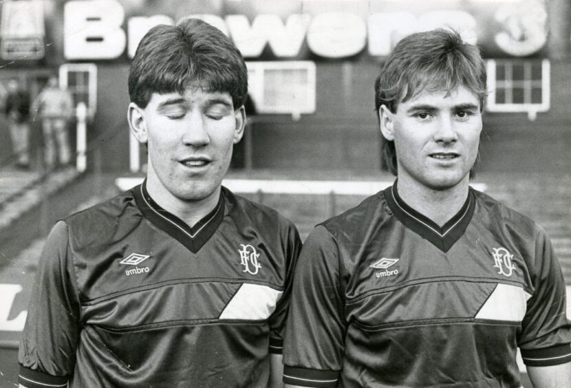 Keith Wright and Tommy Coyne before the St Mirren game in 1986. 