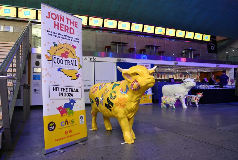 Painted cow sculpture next to 'join the herd' advertising board