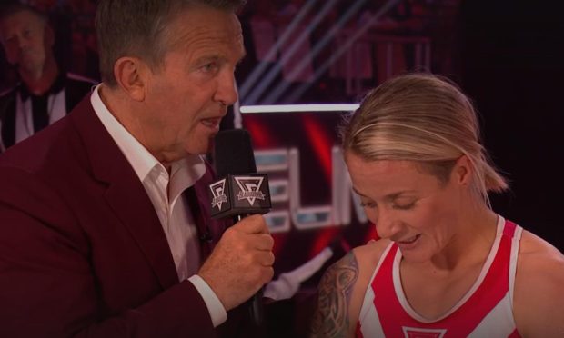 Kerry speaking to host Bradley Walsh after narrowly missing out on a spot in the Gladiators final. Image: BBC iPlayer