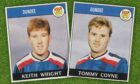 Panini stickers showing Dundee FC strikers Tommy Coyne and Keith Wright