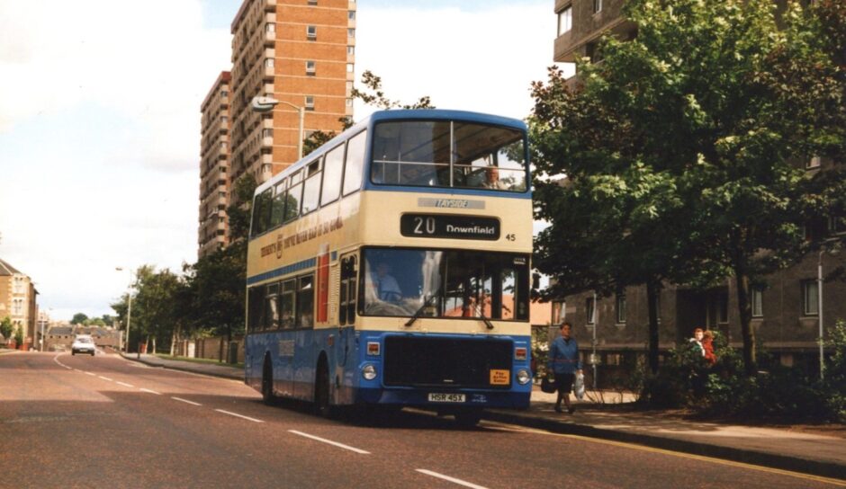 A cream and blue Bus 45 heads along Alexander Street on its way to Downfield, Dundee, in 1987