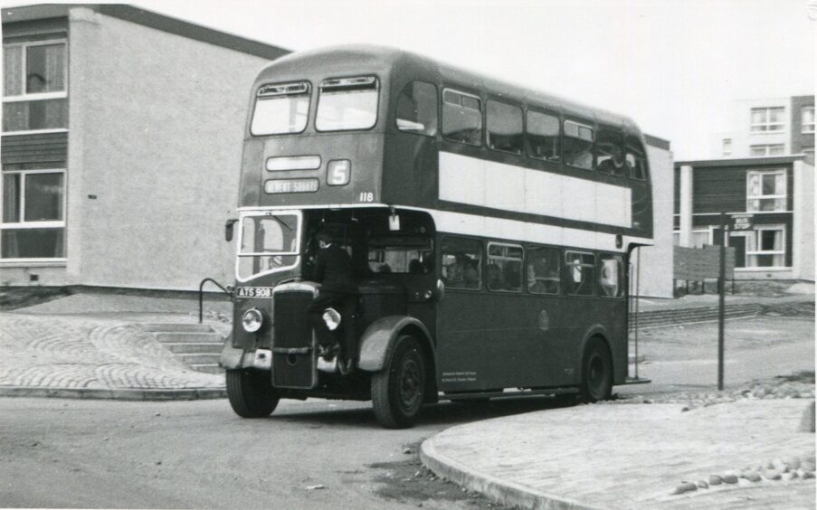 A black and white picture of the number 5 double decker bus in Whitfield, Dundee