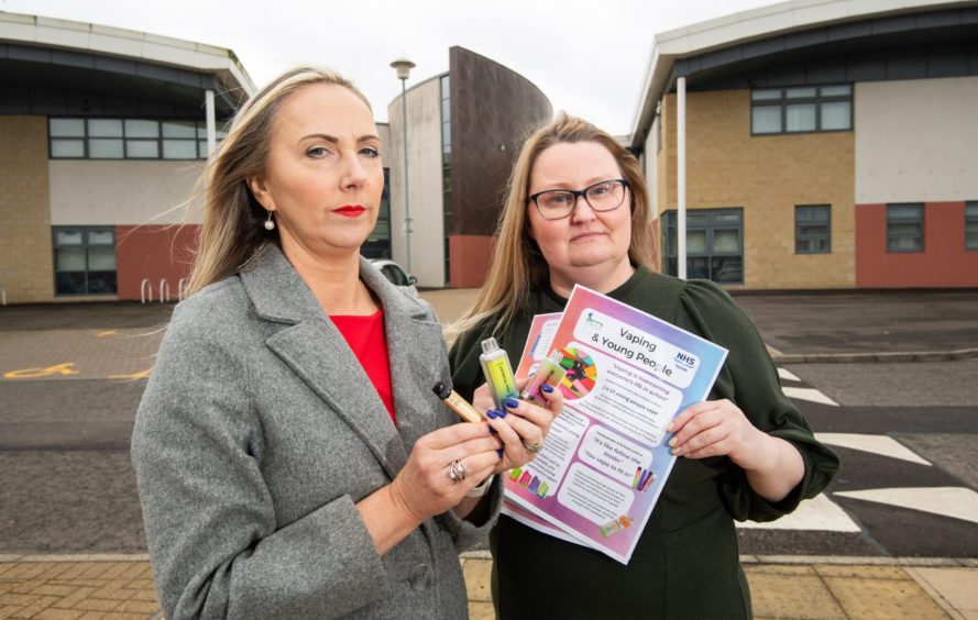 Head teacher Kirsty Small and education support officer Sarah Anderson with the information leaflets for Dundee schools on vaping.