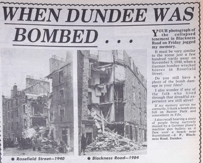 A report in the Courier carries the two pictures side by side: one showing the Dundee tenement collapse and the other showing the bombed building in 1940