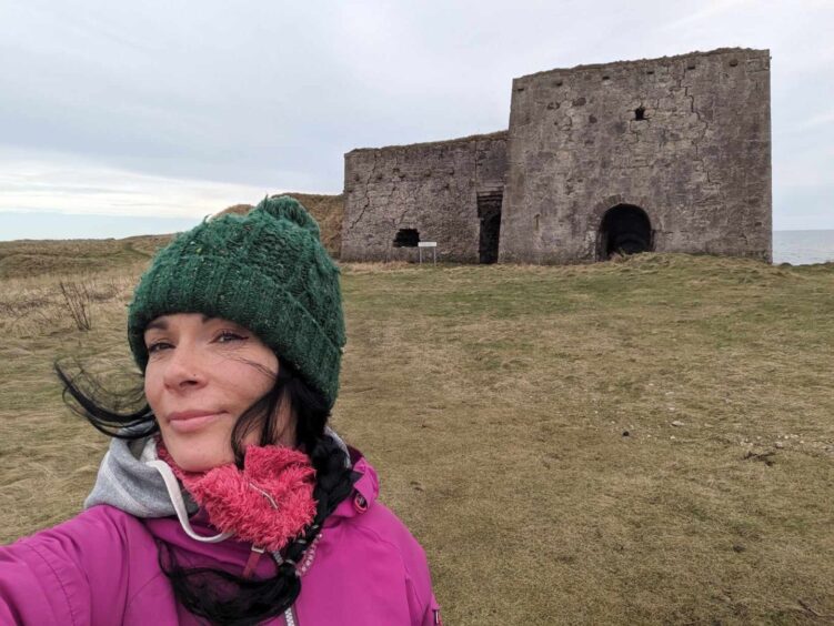 Gayle outside the abandoned lime kilns at Boddin Point.