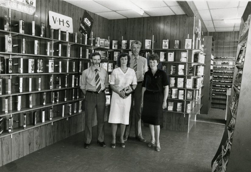 Joe Creegan, Evelyn Wilson, Ian Fulton and Charlotte Fulton in the Monifieth shop in 1982.