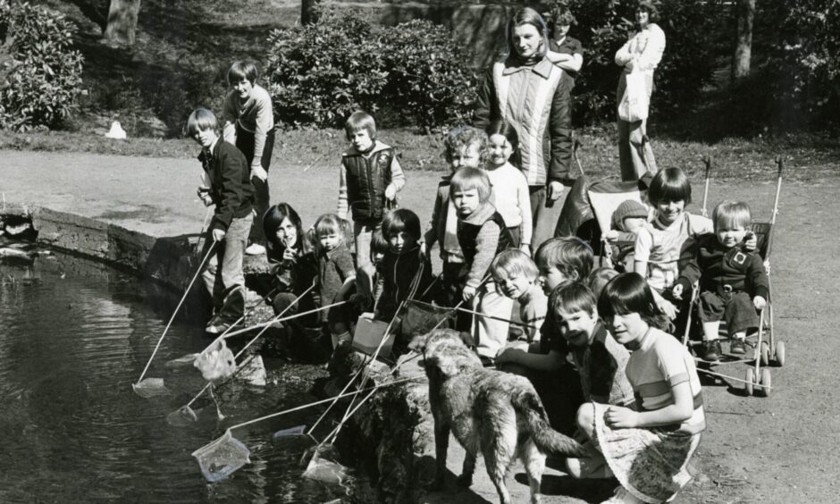 The May Day in 1980 and all the minnows in the Den o’ Mains pond are going to have a hard time escaping all these eager folk with their nets.