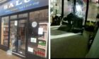 Split image of the broken entrance and a thief entering the shop.