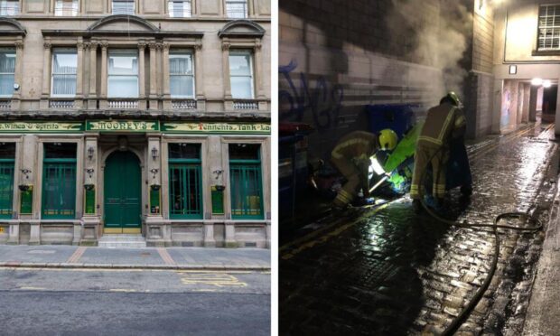Bertie Mooney's pub and Wednesday night's bin fire. Image: Kenny Smith/James Simpson/DC Thomson
