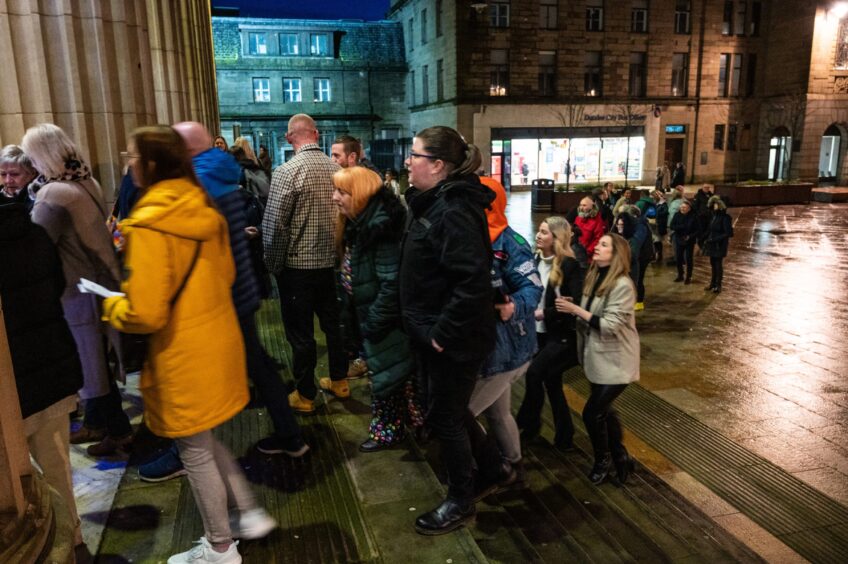 Sarah Millican fans queue to enter Caird Hall in Dundee.