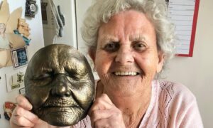 Jutta Scrimgeour with a face casting made by her granddaughter.