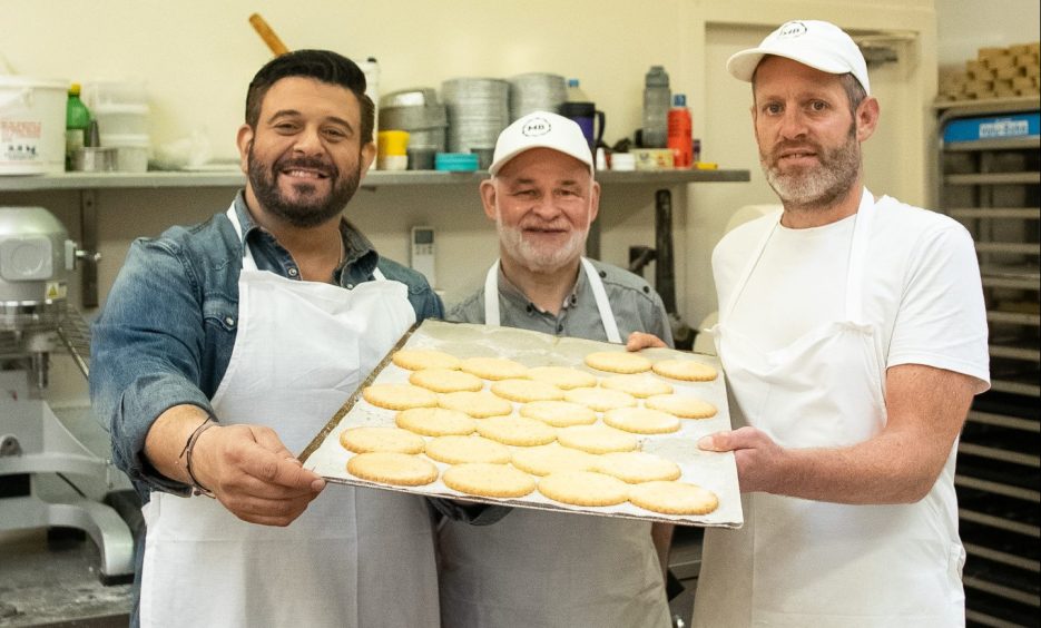 Left to right: Adam Richman, Jim Williamson and Kevin Morrison in Murrays Bakers, Perth.