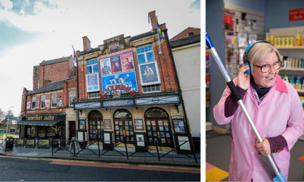 A split image of the Alhambra Theatre in Dunfermline and Still Games' Isa.