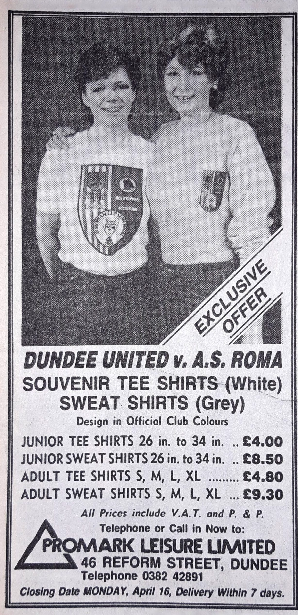 Dundee United versus Roma 1984 t-shirts were advertised, here with two women modelling the clothes