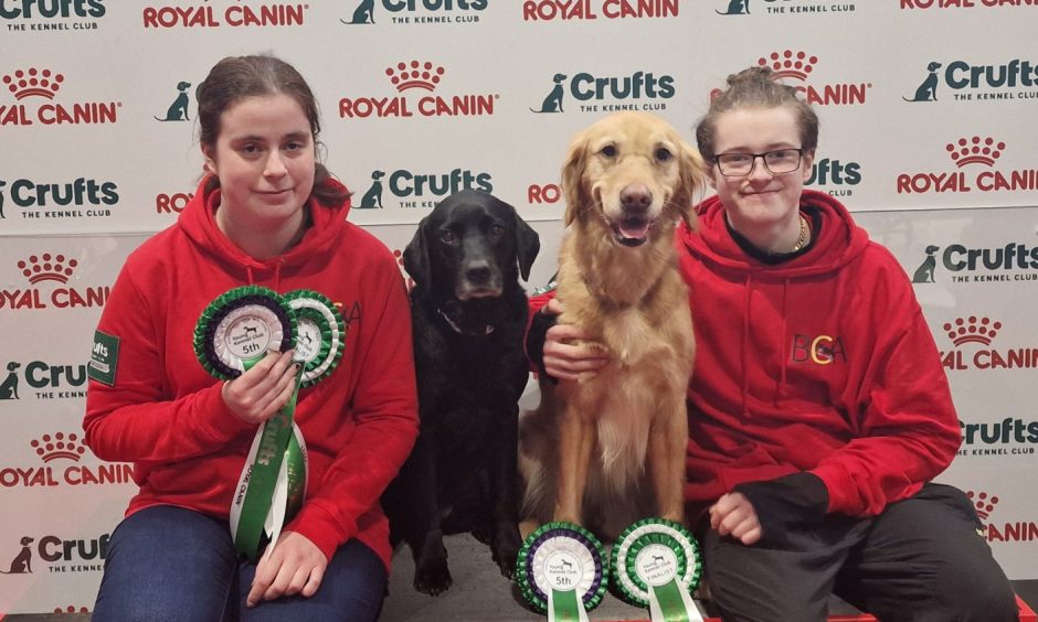 Ruaridh Findlay and cousin Nikki with dogs and rosettes at Crufts.