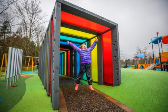 Ava Paterson, Primary 3 at St Kenneth's RC Primary School enjoying the new play park at Lochore Meadows. Image: Steve MacDougall/DC Thomson