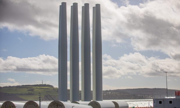 The turbine towers measuring almost 90 metres at the Port of Dundee. Image: Steve MacDougall/DC Thomson
