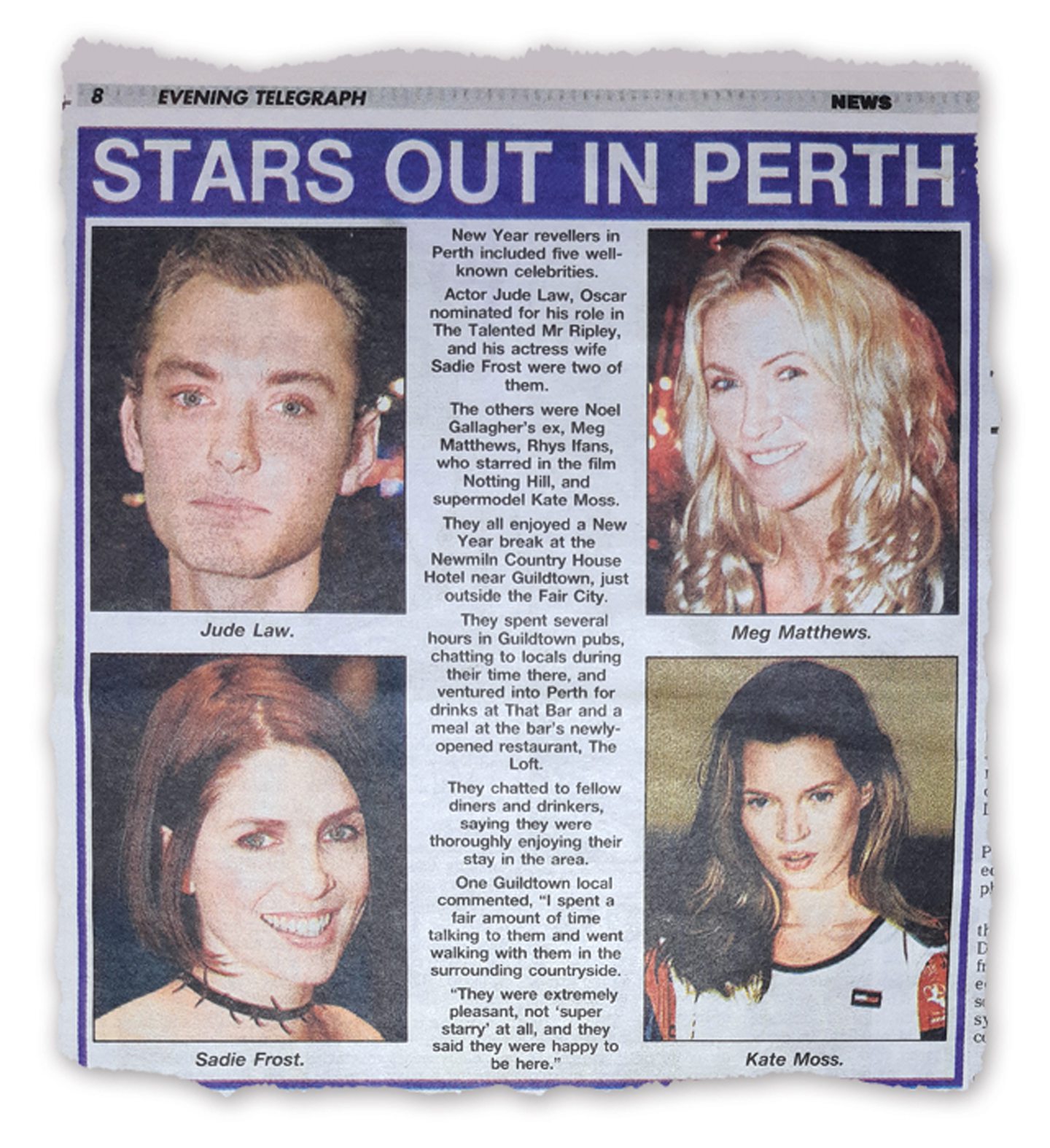 A newspaper clipping with pictures of Jude Law, Meg Matthews, Sadie Frost and Kate Moss, showing how James wrote his piece for the Evening Telegraph.