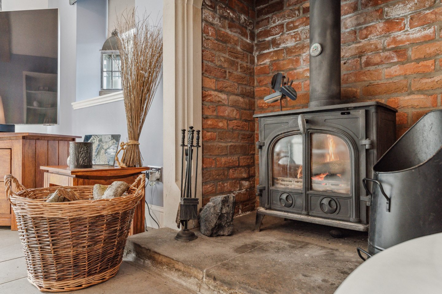 A wood burning stove in the living room