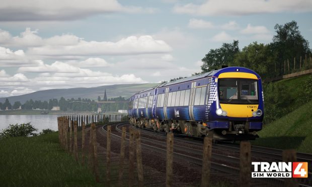 A ScotRail train drives through Pettycur Bay on Train Sim World 4