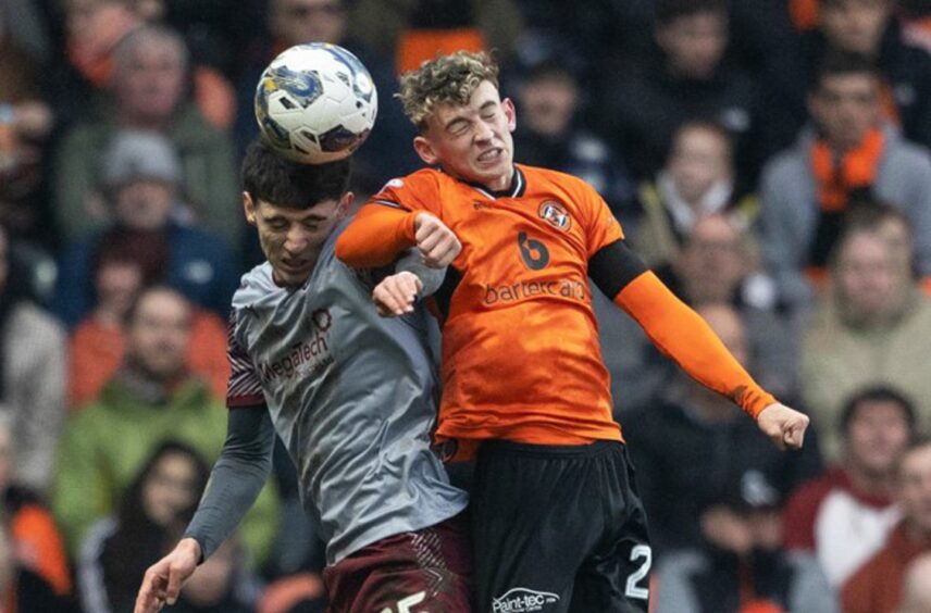 Dundee United's Miller Thomson, right, battles for possession against Arbroath