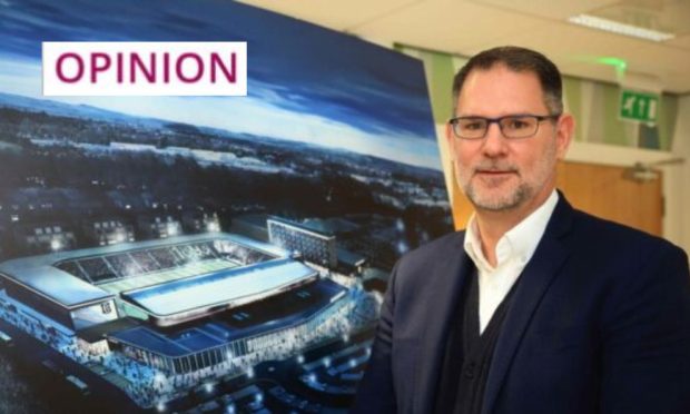 Dundee managing director John Nelms alongside concept image of proposed new stadium. Image: David Young